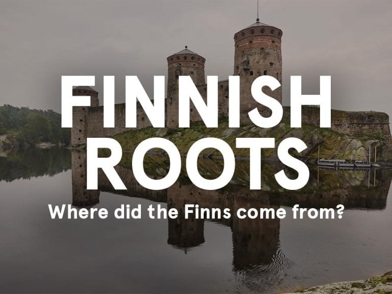 Riverside view of a historical castle with three round towers in the background, reflecting the timeless beauty of Finland. The image has overlay text that reads: "FINNISH ROOTS Where did the Finns come from?.