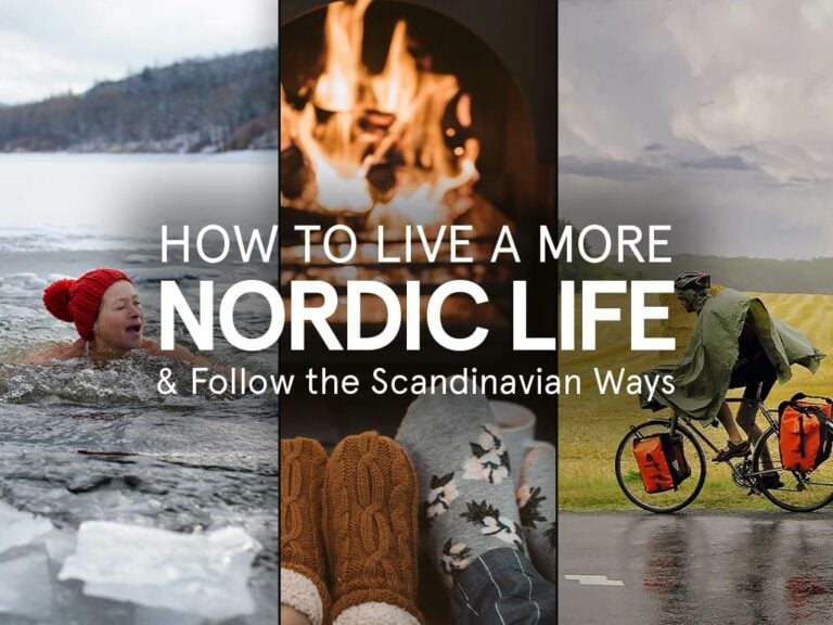 Collage with text "How to Live a More Nordic Life & Follow the Scandinavian Ways." Images: person swimming in Finland's icy waters, cozy fire with knit socks, and cyclist wearing rain gear, showcasing the essence of Sweden and Denmark’s everyday lifestyle.
