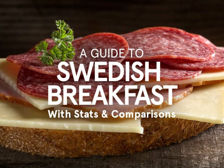 A slice of bread topped with cheese and salami lies on a wooden surface, reminiscent of a classic Nordic breakfast. A sprig of parsley is placed on the salami. Overlay text reads: "A Guide to Swedish Breakfast with Stats & Comparisons.