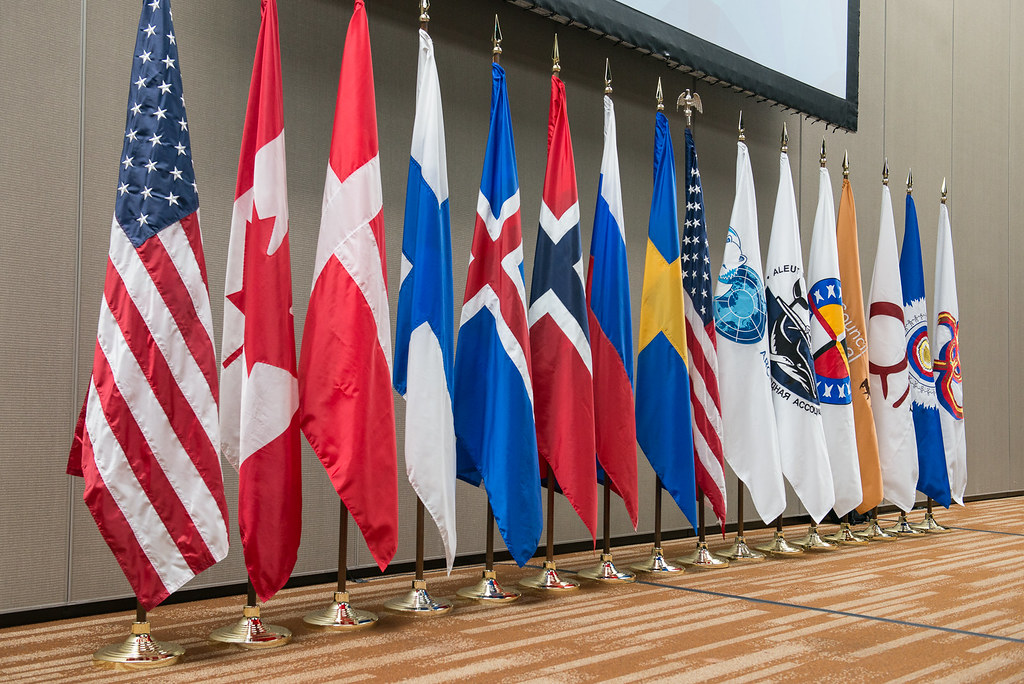 A row of flags in front of a screen.