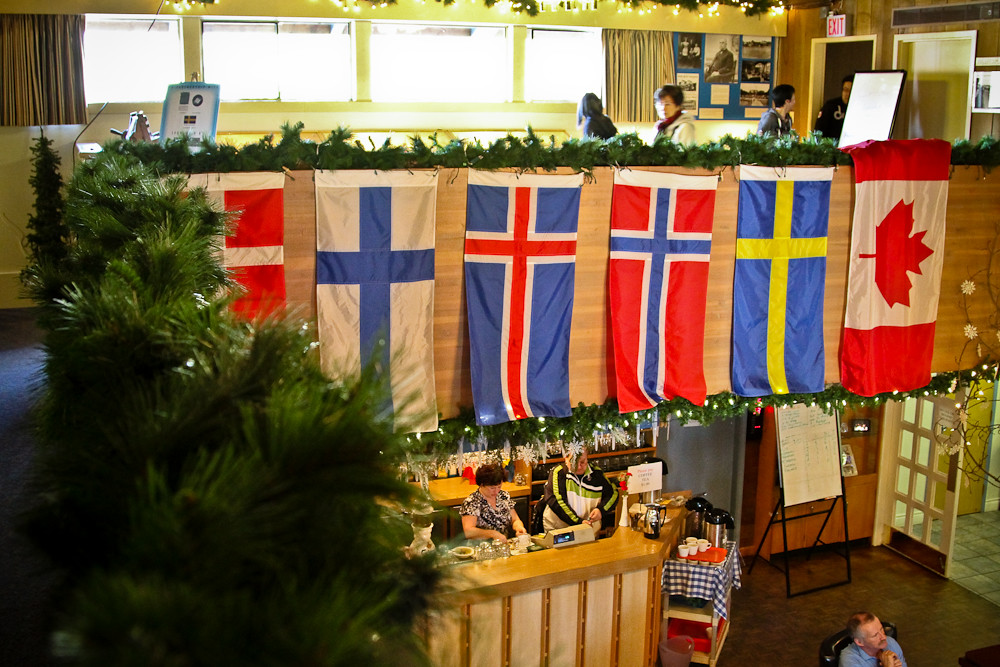 A group of flags from a wall.